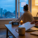 A candid photograph in a cozy living room at dusk. A person's hands are closing a silver laptop on a wooden coffee table next to a digital clock reading '6:00 PM.' On the table, there's also a mug, a lit beeswax candle, and an open journal. In the background, another person wrapped in a blanket looks out a large window at a city skyline, symbolizing the end of the workday and the transition to personal time.