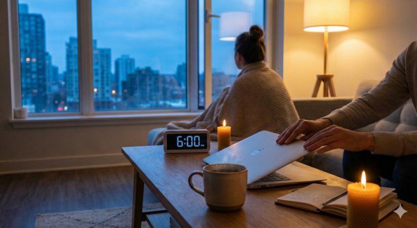 A candid photograph in a cozy living room at dusk. A person's hands are closing a silver laptop on a wooden coffee table next to a digital clock reading '6:00 PM.' On the table, there's also a mug, a lit beeswax candle, and an open journal. In the background, another person wrapped in a blanket looks out a large window at a city skyline, symbolizing the end of the workday and the transition to personal time.