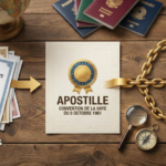 Illustration of the international document legalization process. It features a stack of original documents like diplomas flowing into a golden Hague Apostille certificate, which is connected by a golden chain to government buildings representing Germany, Brazil, and China. The background includes passports and a globe on a wooden desk.