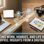Ilustración conceptual en un escritorio dividido que muestra, a la izquierda, un portátil y una tablet con un calendario, representando el trabajo digital. A la derecha, una cámara antigua, un cuaderno de dibujo con acuarelas, botas de senderismo y un globo terráqueo, representando pasatiempos y la vida analógica. Una línea de tiempo digital brillante con iconos de hogar, oficina, arte y corazón conecta ambas mitades. En la parte inferior, el título dice: 'BALANCING WORK, HOBBIES, AND LIFE BEYOND THE OFFICE: INSIGHTS FROM A DIGITAL AGE.'.