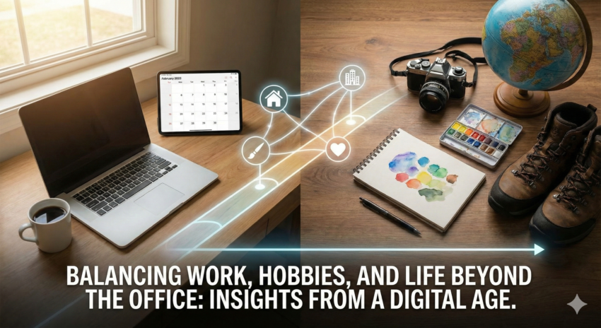 Ilustración conceptual en un escritorio dividido que muestra, a la izquierda, un portátil y una tablet con un calendario, representando el trabajo digital. A la derecha, una cámara antigua, un cuaderno de dibujo con acuarelas, botas de senderismo y un globo terráqueo, representando pasatiempos y la vida analógica. Una línea de tiempo digital brillante con iconos de hogar, oficina, arte y corazón conecta ambas mitades. En la parte inferior, el título dice: 'BALANCING WORK, HOBBIES, AND LIFE BEYOND THE OFFICE: INSIGHTS FROM A DIGITAL AGE.'.