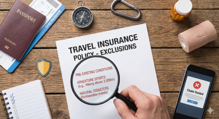A flat-lay photograph illustrating the scrutiny of travel insurance fine print. A hand holds a magnifying glass over a document titled 'TRAVEL INSURANCE POLICY - EXCLUSIONS,' revealing magnified text that lists 'PRE-EXISTING CONDITIONS,' 'ADVENTURE SPORTS,' and 'NATURAL DISASTERS.' Surrounding items on a wooden desk include a passport, medical supplies like a bandage and pills, travel gear, and a smartphone displaying a 'Claim Denied' notification.