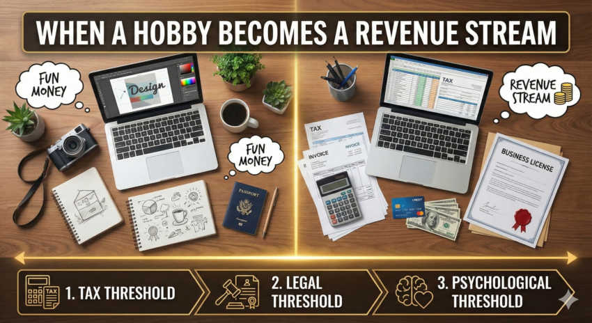 Conceptual illustration depicting the transition from hobby to business for remote workers. The image is visually divided: one side shows creative tools and leisure items, while the other displays tax forms, calculators, and currency, representing the legal and financial thresholds of monetization.